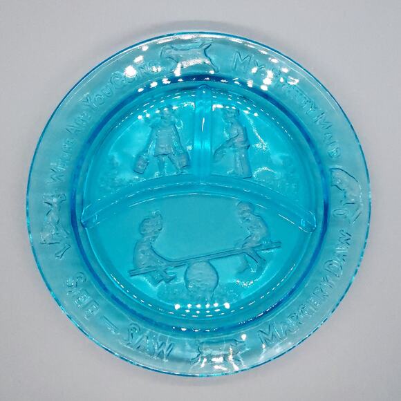 Vintage Tiara Glass Mother Goose 3 Piece Nursery Rhyme Dish Set Aqua Blue EUC - Picture 11 of 12
